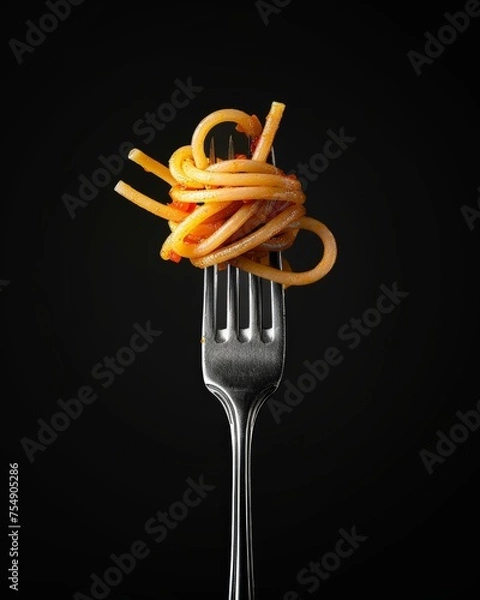 Obraz Spiral-shaped Spaghetti on Fork Against Black Background