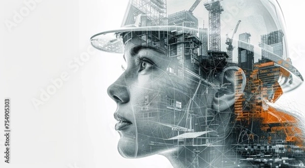 Fototapeta Portrait of a young construction worker woman with safety helmet letting see city buildings under construction on white background with copy space