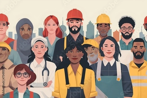 Fototapeta cartoon animated style multinational group of workers symbolizes labor day workforce 