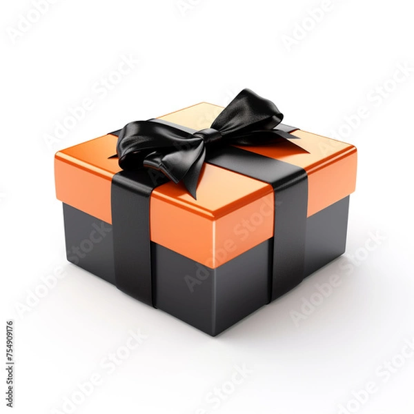Fototapeta orange gift box with black bow on white background сreated with Generative Ai