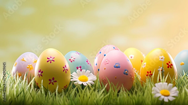 Fototapeta Easter eggs on green grass on a sunny day