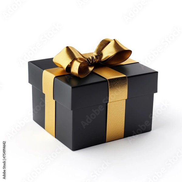 Obraz black gift box with gold bow on white background сreated with Generative Ai