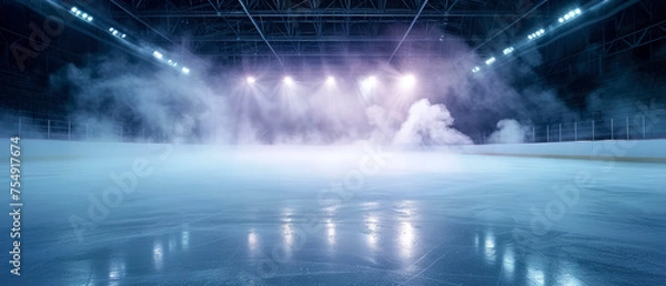 Fototapeta Blue Ice Rink Background. Professional Arena illuminated neon lights, spotlights with smoke. Copyspace. Winter poster for hockey competitions. Ice skating. Stadium. Generative ai