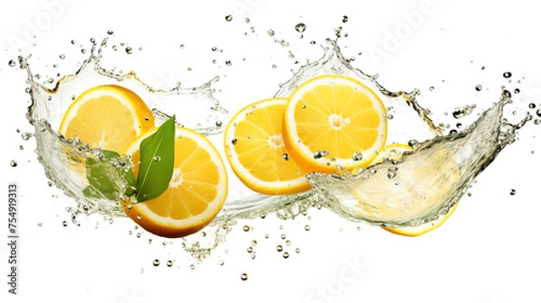 Fototapeta Yuzu sliced pieces flying in the air with water splash isolated on transparent png.
