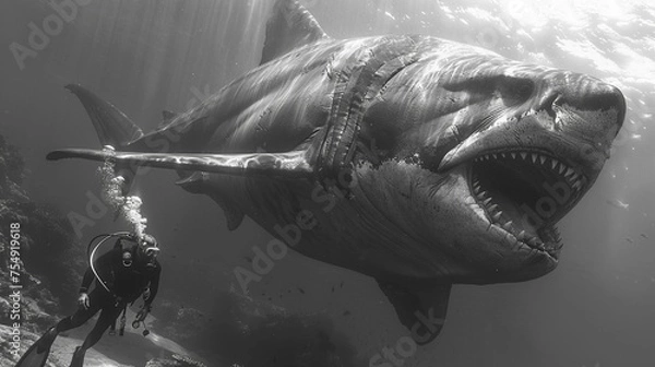 Fototapeta Scuba diver cautiously approaching the massive form of megalodon