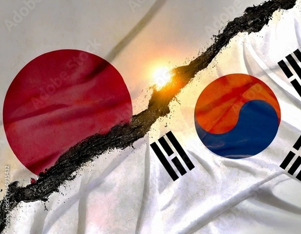 Obraz 炎に分断される日本と韓国の国旗