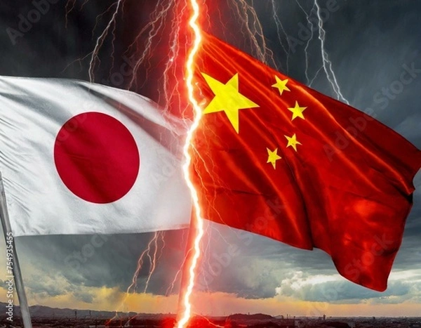 Fototapeta 稲妻に分断される日本と中国の国旗