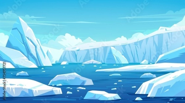 Obraz Blue polar scenery drawing with icebergs floating in water. Cartoon modern illustration of glaciers and snow mountains. Cold northern horizon with snow floes.
