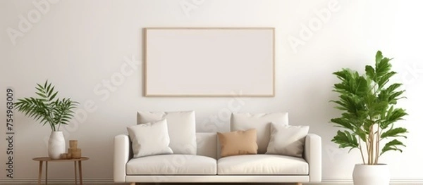Fototapeta A modern living room featuring a white couch with two potted plants placed strategically. The room exudes a minimalistic style with clean lines and a sense of simplicity.