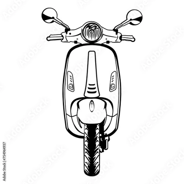 Obraz scooter AUTOMATIC BLACK AND WHITE FRONT SIDE VIEW LINE ART VECTOR