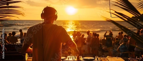 Obraz  A DJ mixing outdoors during a summer beach party at sunset