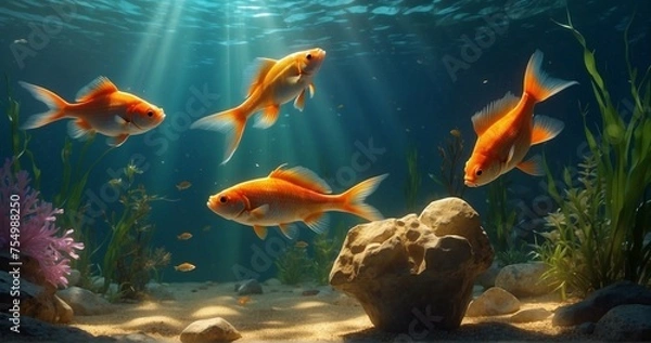 Fototapeta Compose an image where sunlight streams into the fish pot, illuminating the cute little fishes and creating dynamic reflections. Pay attention to the ultra-realistic details of the water-AI Generative