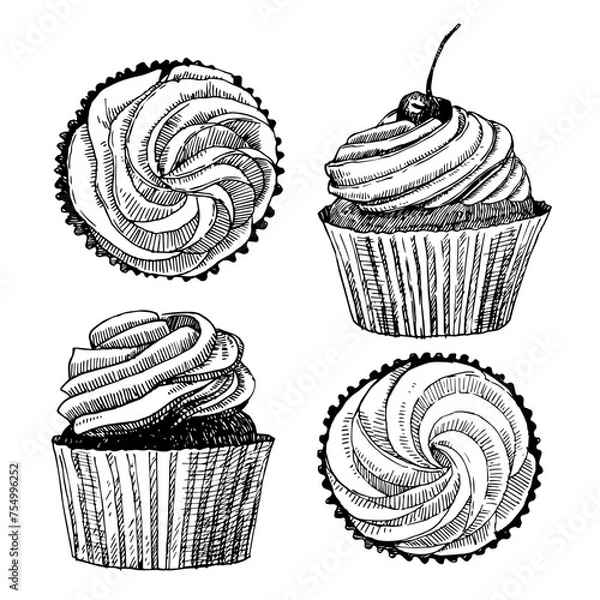 Fototapeta Cupcakes set, hand drawn sketch, vector illustration 
