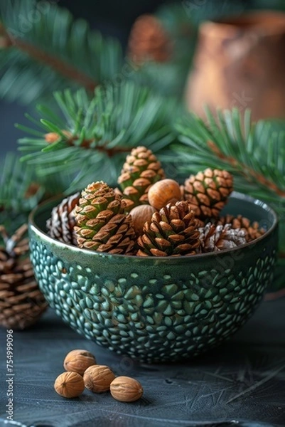 Obraz Cones and nuts in a bowl