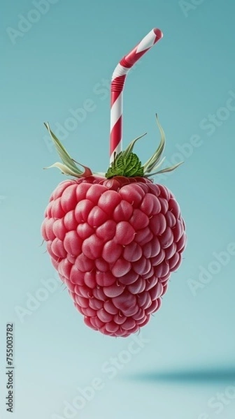 Fototapeta A surreal depiction of a ripe raspberry with a red and white striped straw inserted, set against a pastel blue background. Minimal summer refreshment concept.