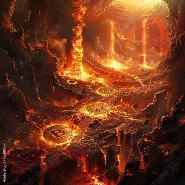 Fototapeta Devil counting Bitcoins in a fiery hell