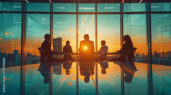 Fototapeta a team of people are meeting at work, in the office with a beautiful view of the sunset
