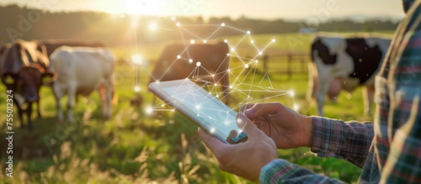 Obraz modern farm with technology concept background. young farmer use tablet in the cow farm