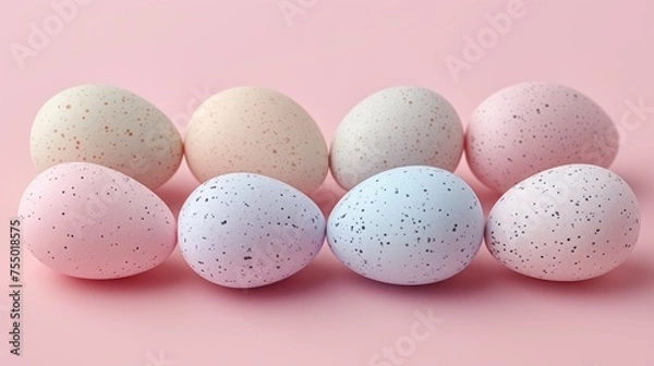 Fototapeta a group of speckled eggs sitting on top of each other on a pink and pink background with speckled eggs in the middle of the row.