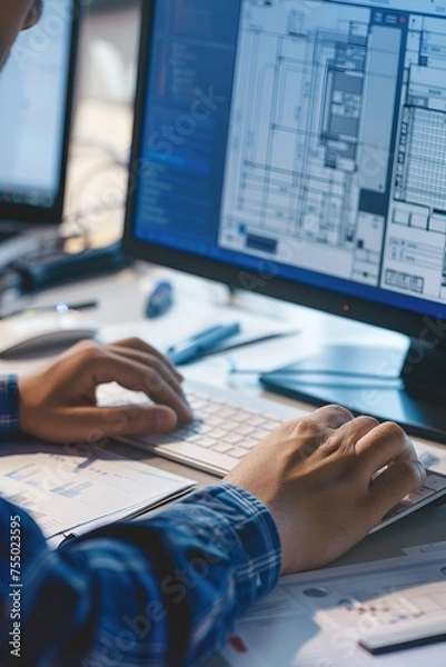 Obraz Male Engineer Working with CAD Software on Desktop Computer