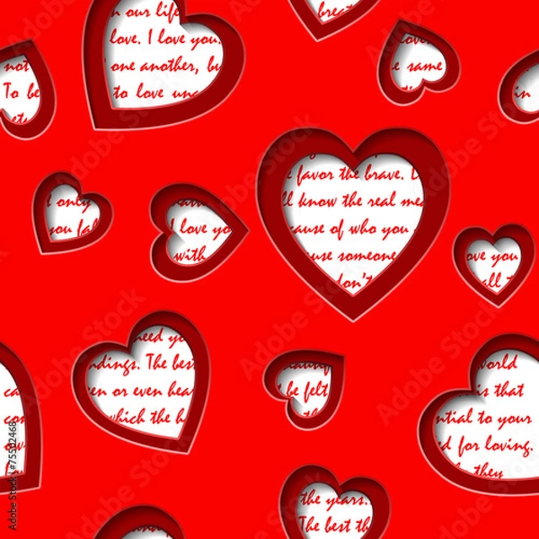 Fototapeta Seamless background with cut out  hearts and text about love