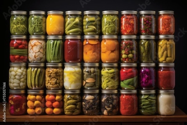 Obraz Assorted pickled vegetables and canned goods displayed on wooden shelf in pantry
