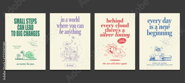 Obraz retro posters or graphic t-shirt template with cute cartoon characters, vector illustration 