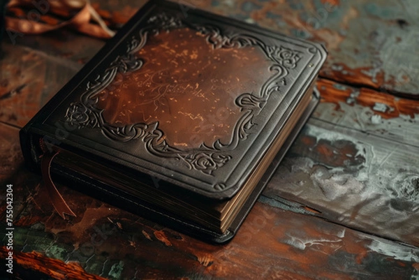 Fototapeta The result of a professional shooting of a book with a leather and embossed cover and a bookmark on it