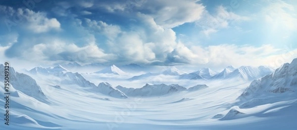Fototapeta A natural landscape painting capturing a snowy mountain range with fluffy cumulus clouds in the sky, creating a serene atmosphere and sense of vastness
