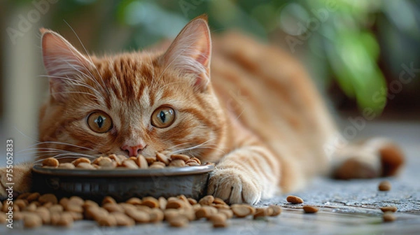 Fototapeta The cat tries to bury the bowl with food, lack of appetite. Made with generative ai