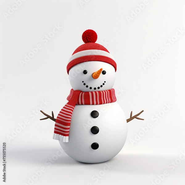 Fototapeta snowman, white background, minimalistic 3D model сreated with Generative Ai