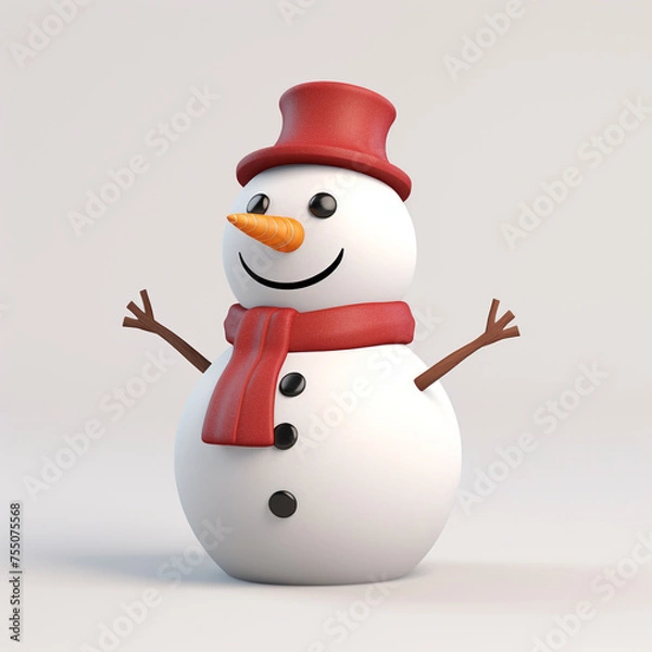 Fototapeta snowman, white background, minimalistic 3D model сreated with Generative Ai