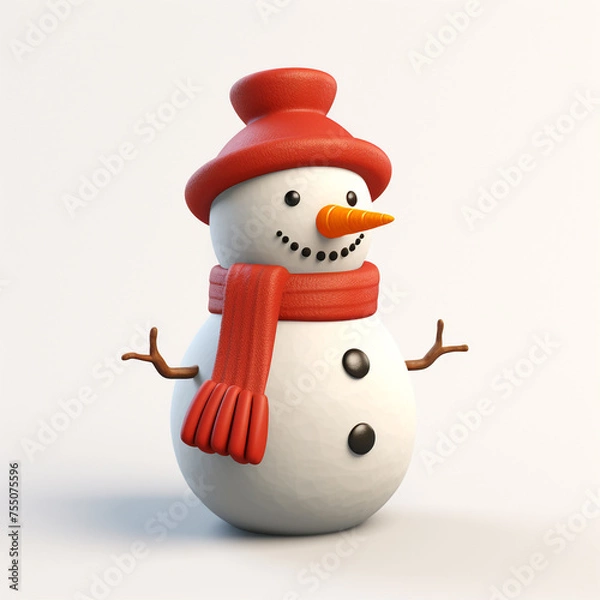 Fototapeta snowman, white background, minimalistic 3D model сreated with Generative Ai