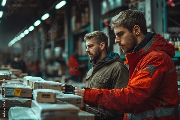 Fototapeta Amidst the hum of warehouse activity, workers are focused on preparing packages for delivery, showcasing the logistical process behind postal services and package deliveries