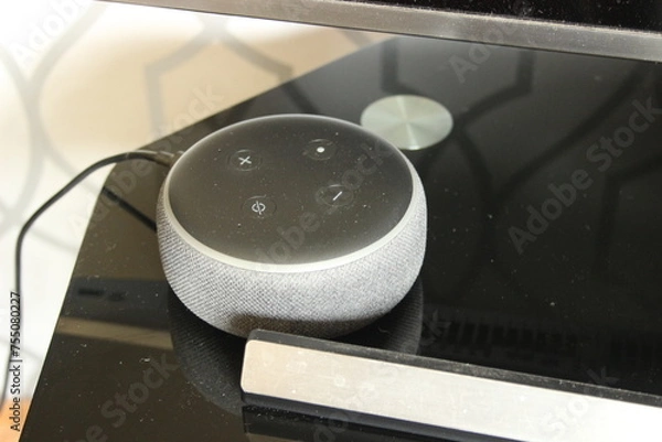 Fototapeta smart speakers virtual assistant on a black television stand in a living room