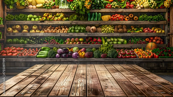 Fototapeta A wooden table with a variety of fruits and vegetables on it