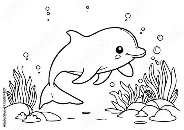 Obraz Drawing simple lines cute dolphin in the forest coloring book pages. cartoons for preschool children