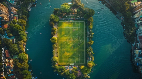 Obraz football stadium / soccer field on the island seen from a bird's eye view