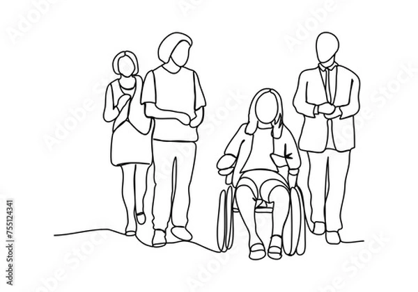Fototapeta Group of people forming team. Concept for diversity and inclusion theme. One line drawing vector illustration.