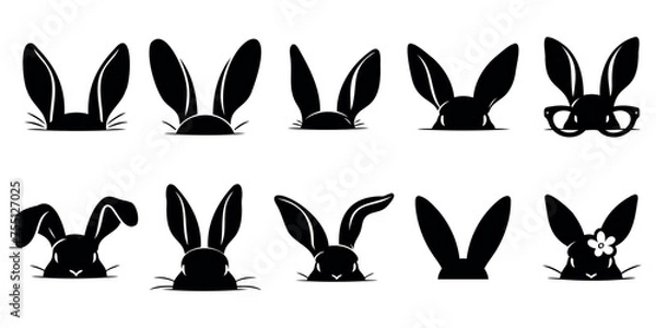 Fototapeta Rabbit ears peek out, rabbit on the floor of the head, black silhouette on a transparent background, vector set for stencil, print..