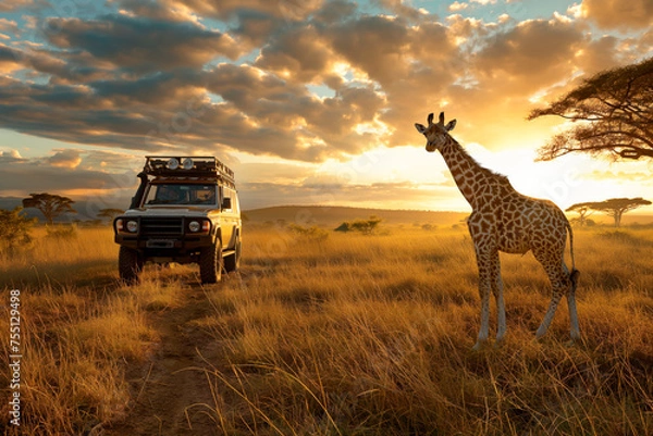 Fototapeta Safari in Kenya. Giraffe watching from a jeep