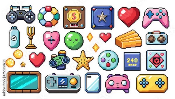 Obraz Pixel game icon. Retro video games element, arcade UI button, digital console 8-bit interface, pixels heart, bomb, star, menu buttons controller item. Vector set