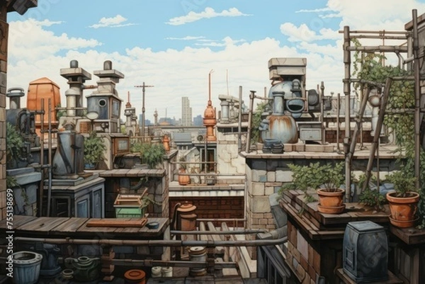 Fototapeta Towering Roofs city view. Aerial skyline. Generate Ai