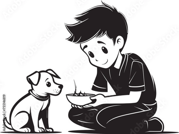 Obraz Heartwarming Scenes Small Boy Feeding Puppy Emblem Joyful Connections Cartoon Vector Graphic