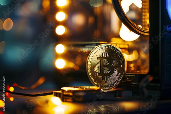 Fototapeta Golden Bitcoin Amidst Circuitry: A Glimpse into Digital Currency,Illuminated Bitcoin Amidst Intricate Computer Hardware Components