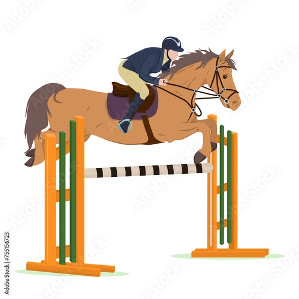 Obraz vector illustration of a jockey on a horse in a high jump. The theme of equestrian sports, training and animal husbandry. Isolated on a white background
