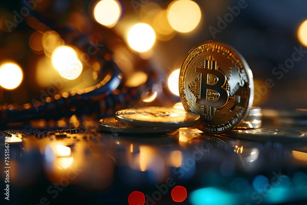 Fototapeta Golden Bitcoin Amidst Circuitry: A Glimpse into Digital Currency,Illuminated Bitcoin Amidst Intricate Computer Hardware Components