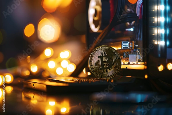 Obraz Golden Bitcoin Amidst Circuitry: A Glimpse into Digital Currency,Illuminated Bitcoin Amidst Intricate Computer Hardware Components