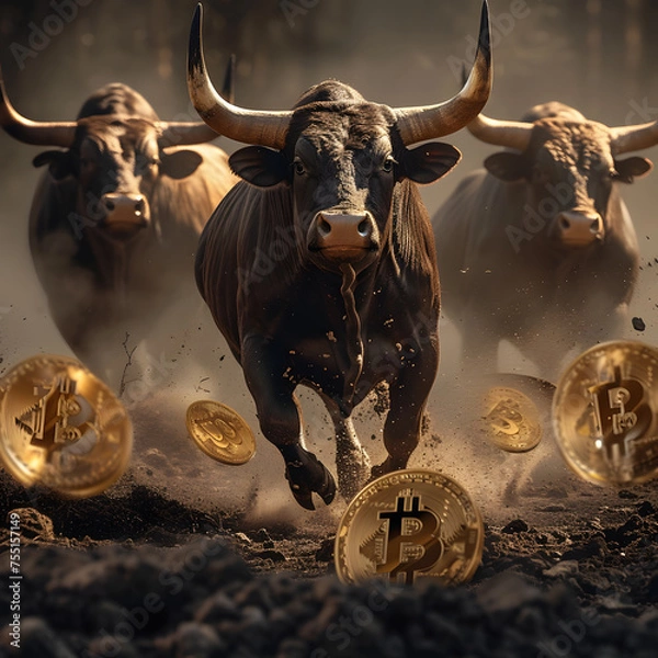 Fototapeta Bulls Charging Through Bitcoin Storm Symbolizing Bullish Cryptocurrency Market,Bull and bull with gold bitcoin coins. Cryptocurrency concept.