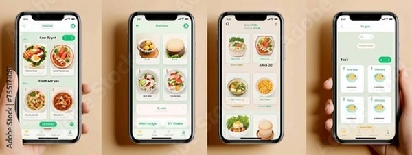 Obraz A person is holding four cell phones, each displaying a menu of food items